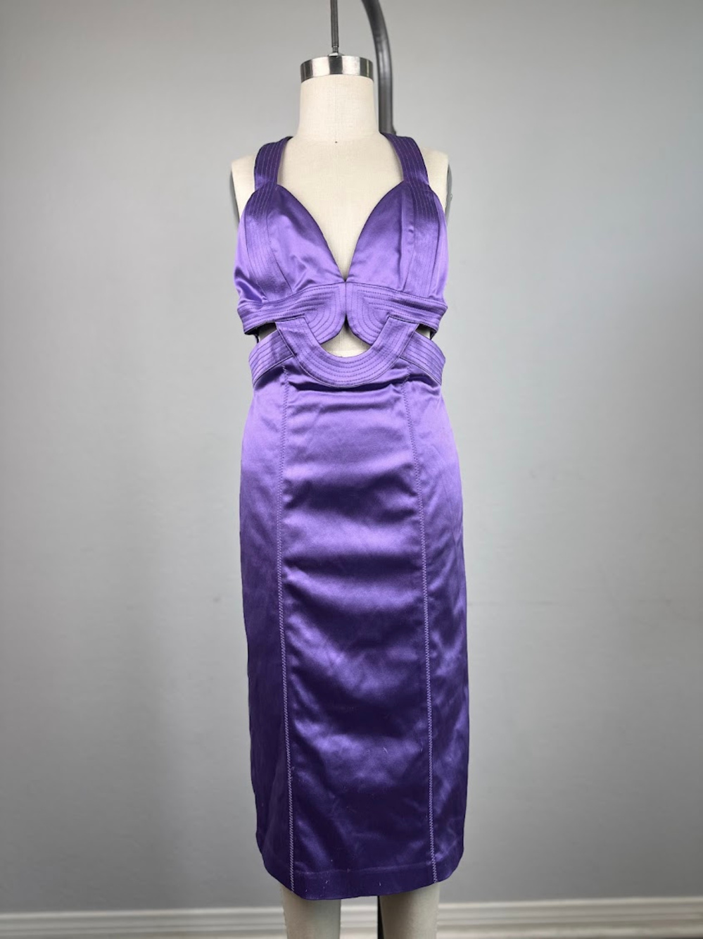Bebe Y2K Purple Satin Cutout Halter Cocktail Midi Dress Size Small